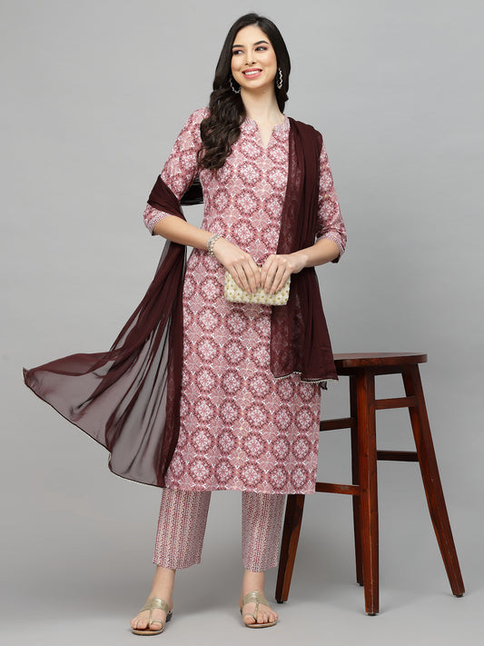 Stylum Women's Printed Cotton Blend Kurta Pant Dupatta Set (COLINMAUVE)