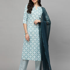 Stylum Women's Printed Cotton Blend Kurta Pant Dupatta Set (COLINSKY)