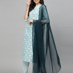Stylum Women's Printed Cotton Blend Kurta Pant Dupatta Set (COLINSKY)