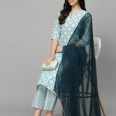 Stylum Women's Printed Cotton Blend Kurta Pant Dupatta Set (COLINSKY)