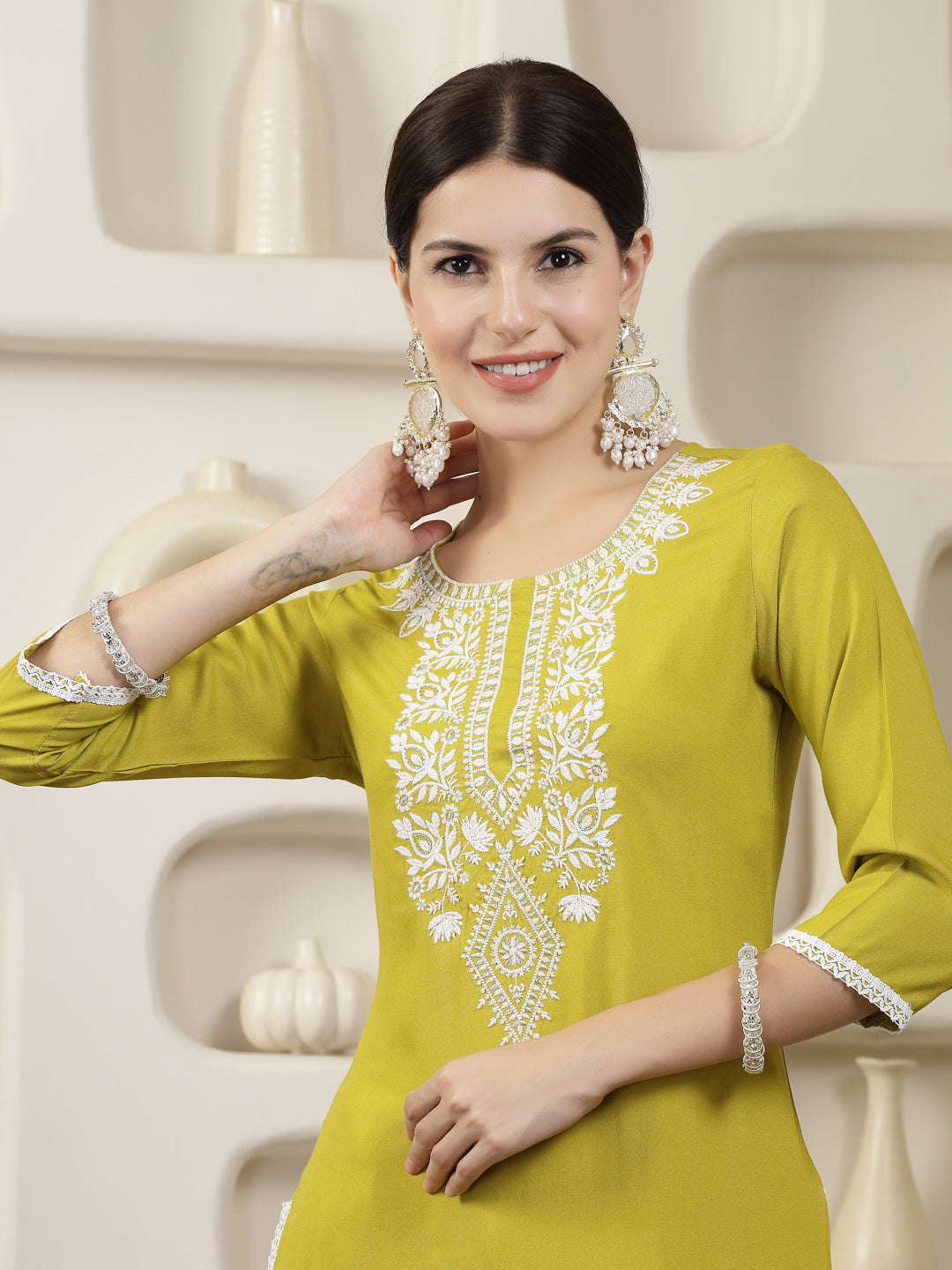 Stylum Women's Yellow Solid & Embroidered Rayon Straight Chicken Kurta (CORNERICA)