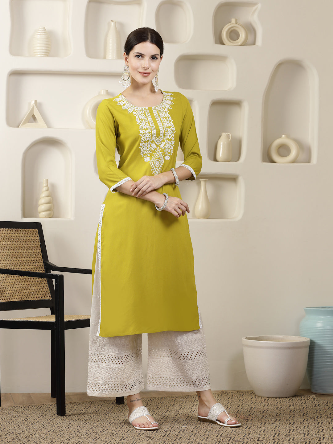 Stylum Women's Yellow Solid & Embroidered Rayon Straight Chicken Kurta (CORNERICA)