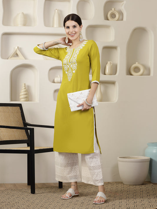 Stylum Women's Yellow Solid & Embroidered Rayon Straight Chicken Kurta (CORNERICA)