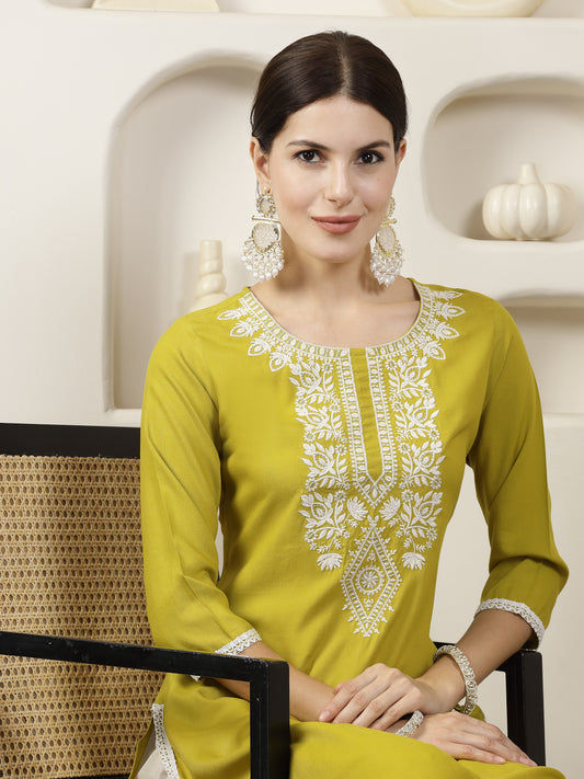 Stylum Women's Yellow Solid & Embroidered Rayon Straight Chicken Kurta (CORNERICA)