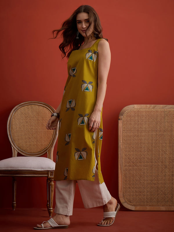Stylum Women's Corn Block Printed Cotton Straight Kurta (CORNLETTUCE)