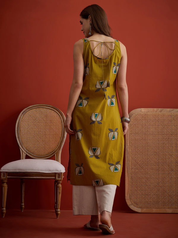 Stylum Women's Corn Block Printed Cotton Straight Kurta (CORNLETTUCE)
