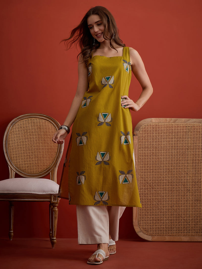 Stylum Women's Corn Block Printed Cotton Straight Kurta (CORNLETTUCE)