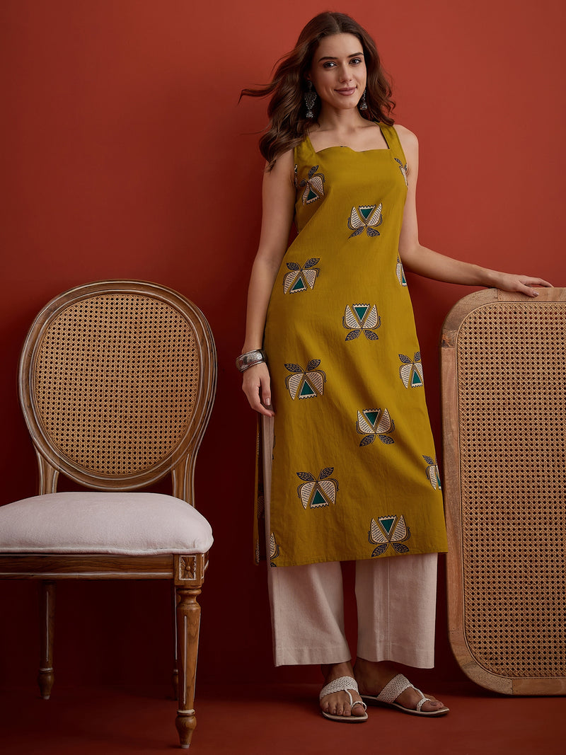Stylum Women's Corn Block Printed Cotton Straight Kurta (CORNLETTUCE)