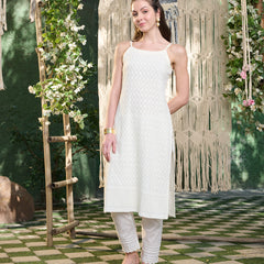 Stylum Women's Cream Chikankari Rayon Straight Kurta (CREAMGLAM)