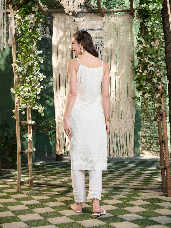 Stylum Women's Cream Chikankari Rayon Straight Kurta (CREAMGLAM)