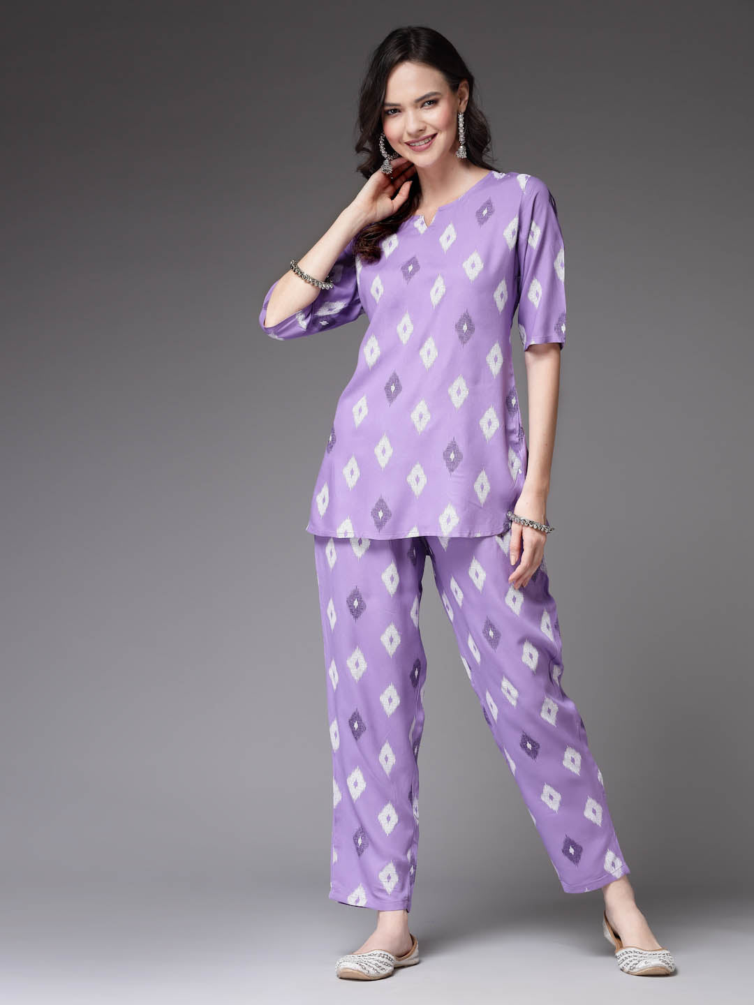 Stylum Women's Ikat Print Rayon Co-Ords Set (CS004PURPLE)