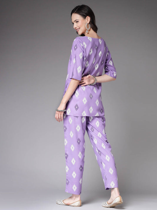 Stylum Women's Ikat Print Rayon Co-Ords Set (CS004PURPLE)