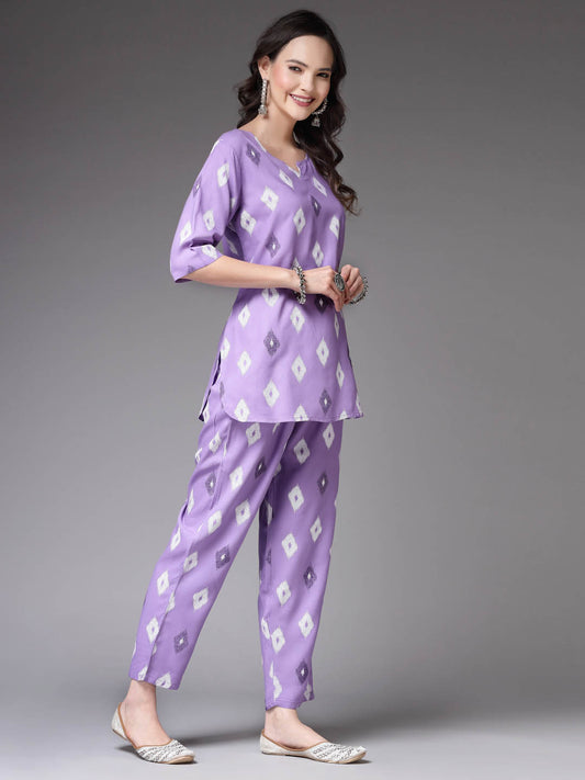 Stylum Women's Ikat Print Rayon Co-Ords Set (CS004PURPLE)