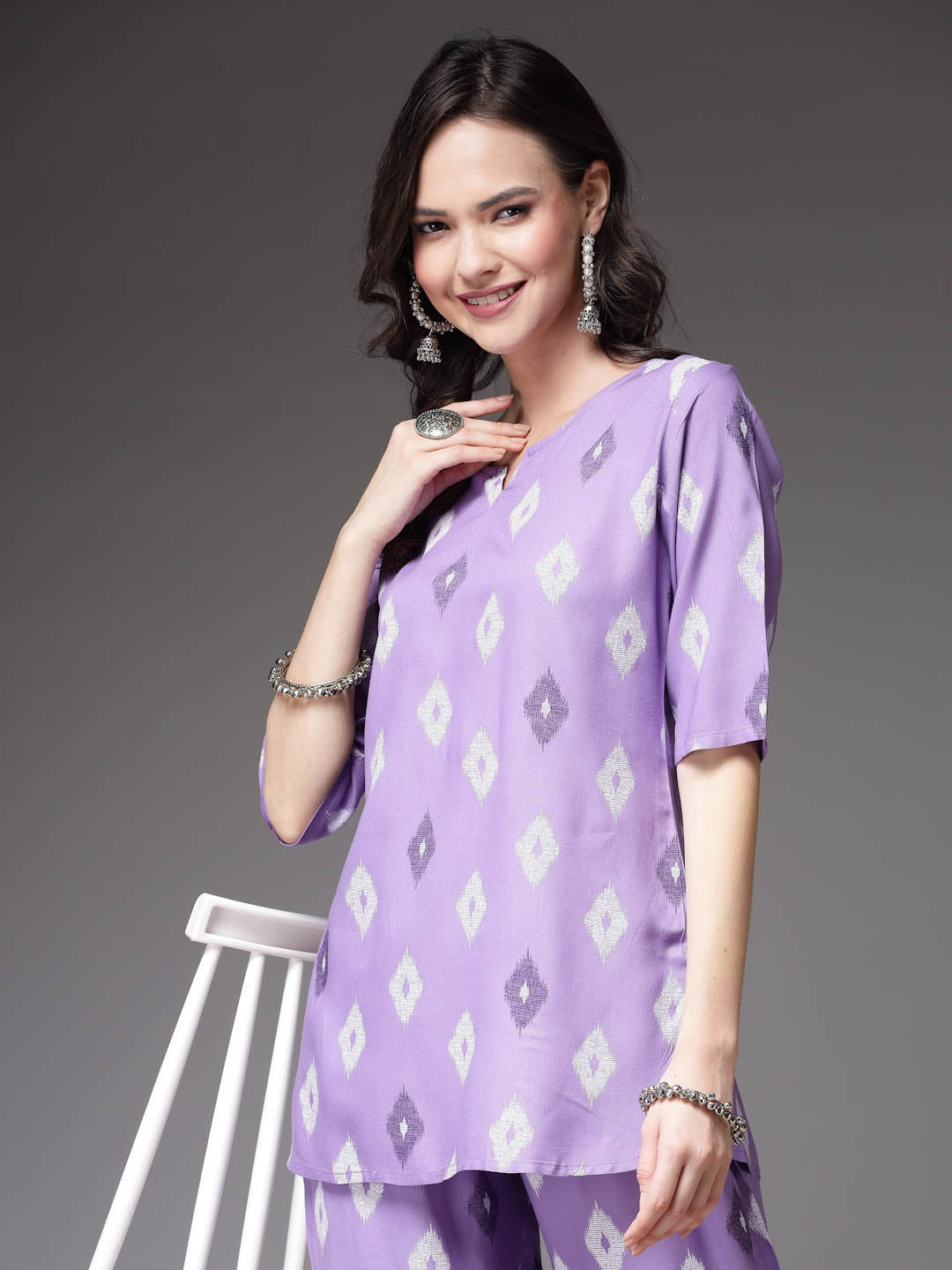 Stylum Women's Ikat Print Rayon Co-Ords Set (CS004PURPLE)