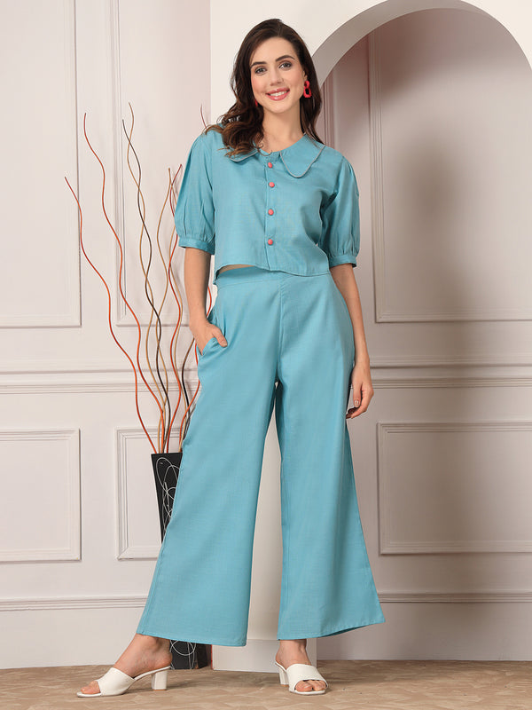 Stylum Women's Solid Cotton Blend Co-Ord Set (CSAQUABEACH)