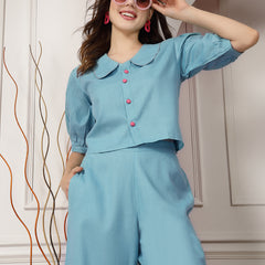 Stylum Women's Solid Cotton Blend Co-Ord Set (CSAQUABEACH)