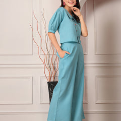 Stylum Women's Solid Cotton Blend Co-Ord Set (CSAQUABEACH)