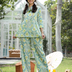 Stylum Women's Aqua Ikat Printed Cotton Co-Ord Set (CSAQUAOKIL)
