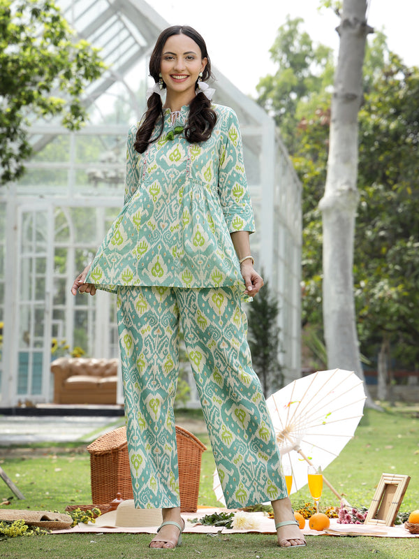 Stylum Women's Aqua Ikat Printed Cotton Co-Ord Set (CSAQUAOKIL)