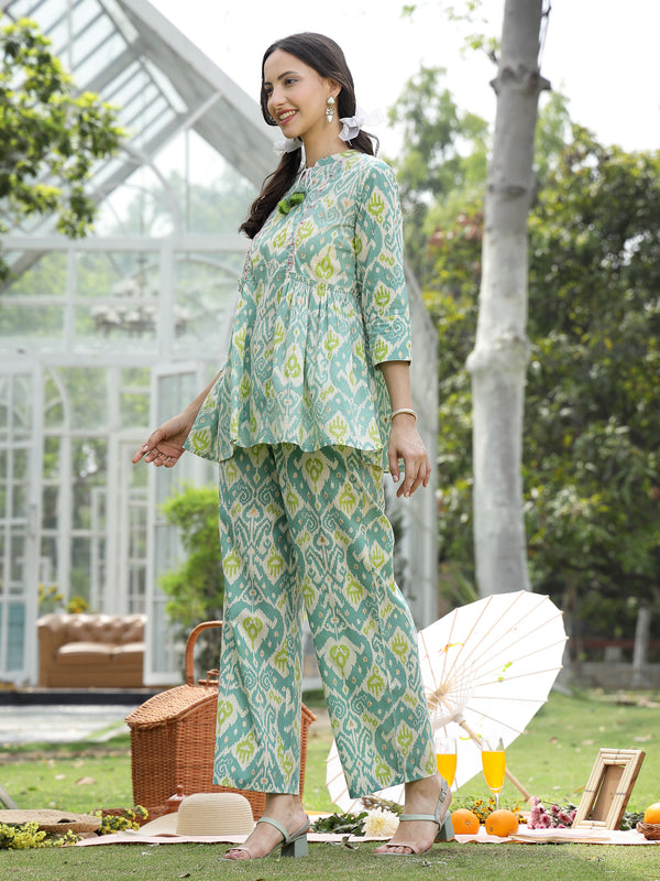 Stylum Women's Aqua Ikat Printed Cotton Co-Ord Set (CSAQUAOKIL)