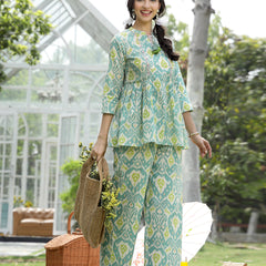 Stylum Women's Aqua Ikat Printed Cotton Co-Ord Set (CSAQUAOKIL)