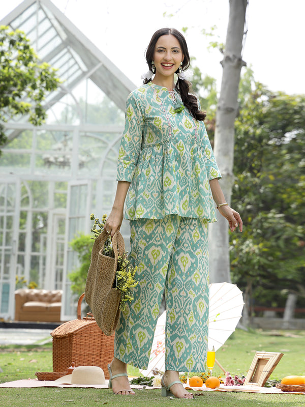 Stylum Women's Aqua Ikat Printed Cotton Co-Ord Set (CSAQUAOKIL)