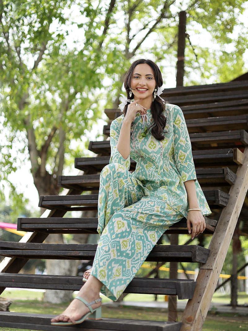 Stylum Women's Aqua Ikat Printed Cotton Co-Ord Set (CSAQUAOKIL)