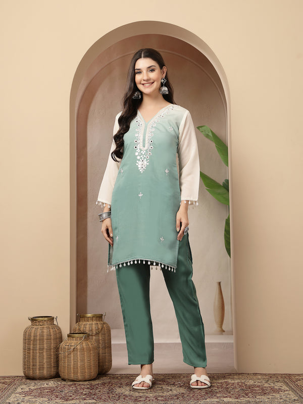 Stylum Women's Aqua Solid & Mirror Work Silk Blend Co-Ords Set (CSAQUAPAZER)