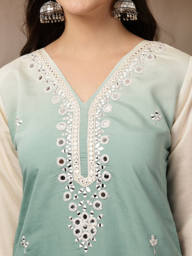 Stylum Women's Aqua Solid & Mirror Work Silk Blend Co-Ords Set (CSAQUAPAZER)