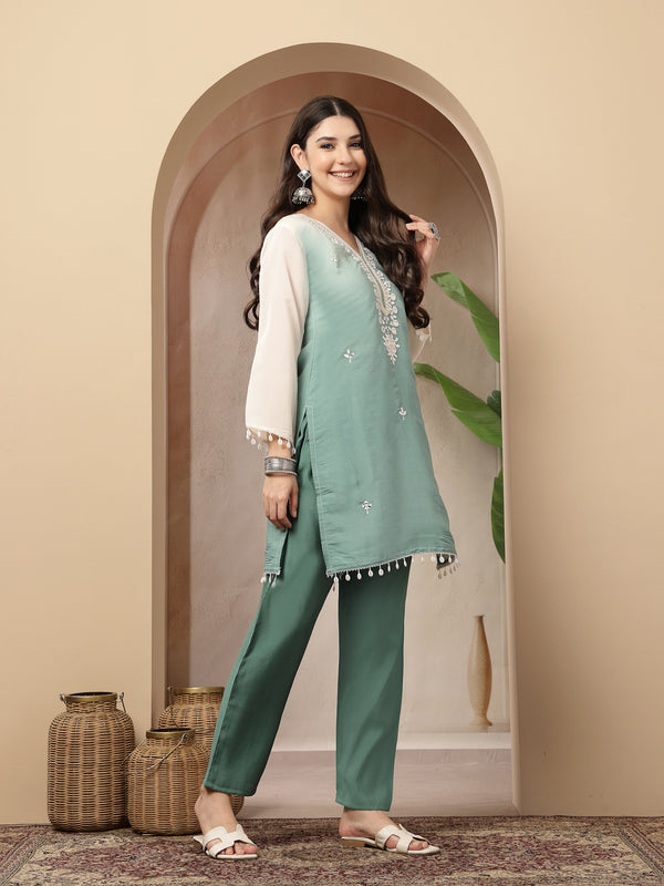 Stylum Women's Aqua Solid & Mirror Work Silk Blend Co-Ords Set (CSAQUAPAZER)