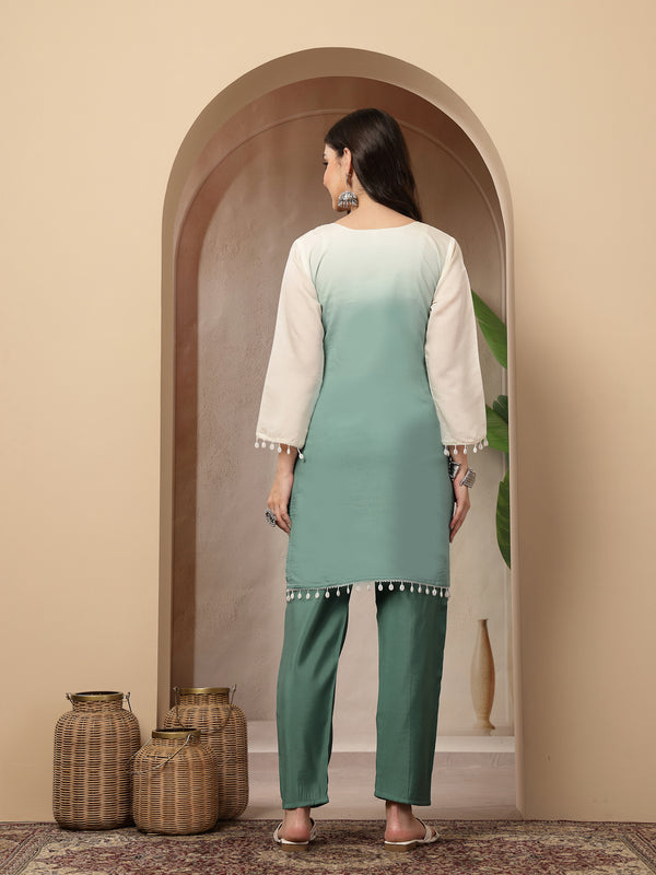 Stylum Women's Aqua Solid & Mirror Work Silk Blend Co-Ords Set (CSAQUAPAZER)