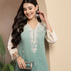 Stylum Women's Aqua Solid & Mirror Work Silk Blend Co-Ords Set (CSAQUAPAZER)