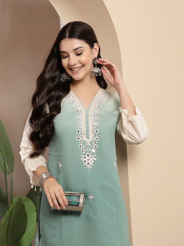 Stylum Women's Aqua Solid & Mirror Work Silk Blend Co-Ords Set (CSAQUAPAZER)
