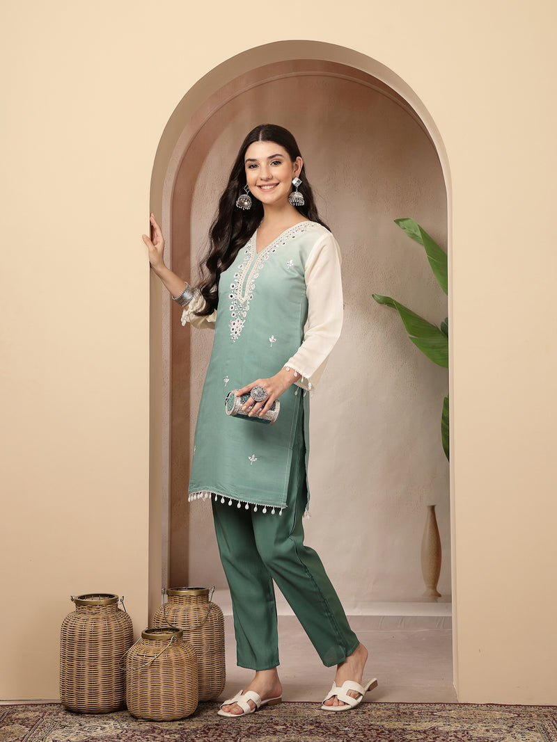 Stylum Women's Aqua Solid & Mirror Work Silk Blend Co-Ords Set (CSAQUAPAZER)