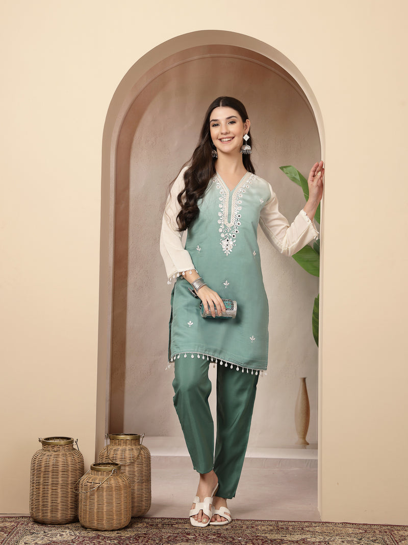 Stylum Women's Aqua Solid & Mirror Work Silk Blend Co-Ords Set (CSAQUAPAZER)
