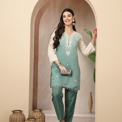 Stylum Women's Aqua Solid & Mirror Work Silk Blend Co-Ords Set (CSAQUAPAZER)