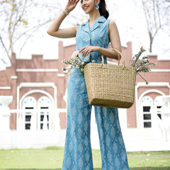 Stylum Women's Aqua Geomatric Cotton Slub Co-Ord Set (CSAQUATUMBA)