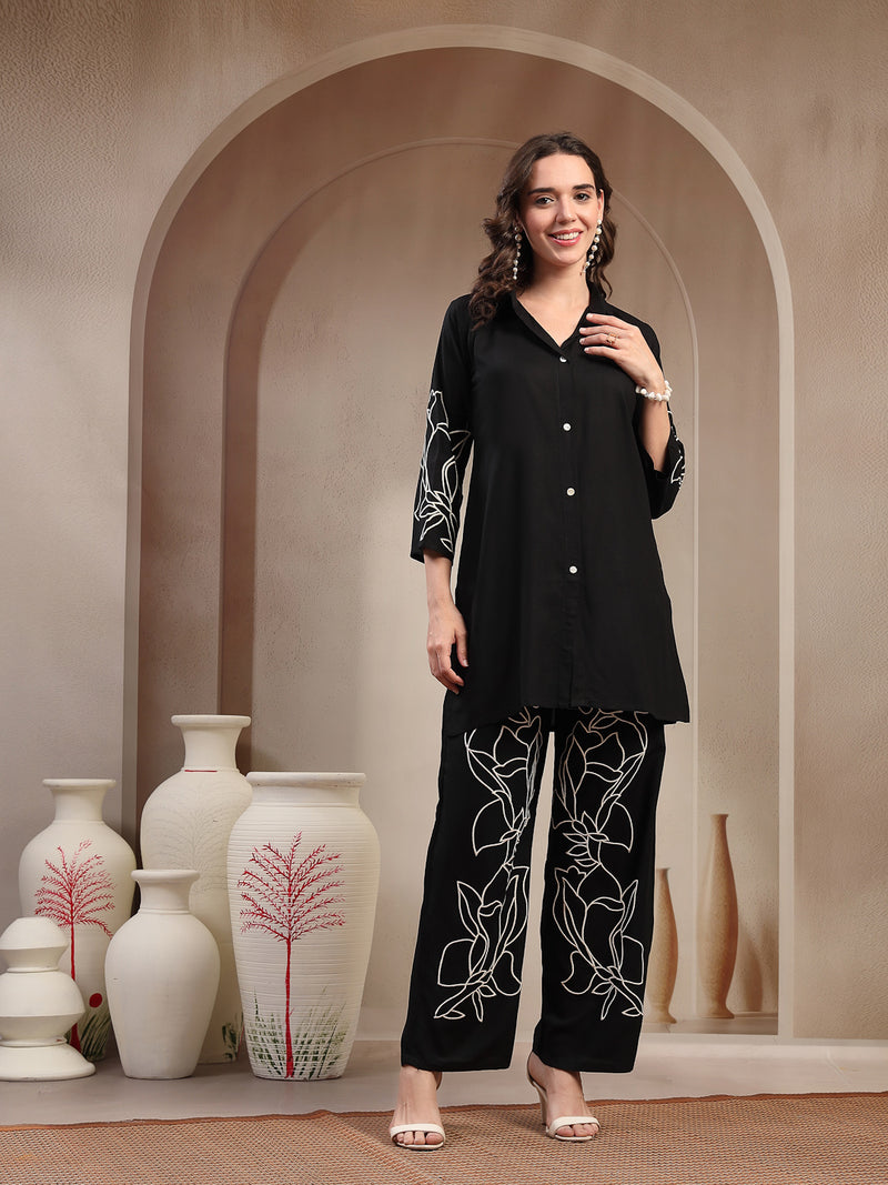 Stylum Women's Black Solid & Embroidered Rayon Co-Ord Set (CSBLACKFOLL)
