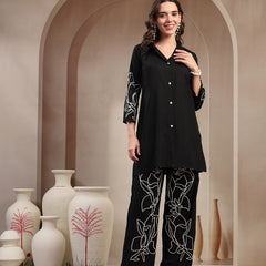 Stylum Women's Black Solid & Embroidered Rayon Co-Ord Set (CSBLACKFOLL)