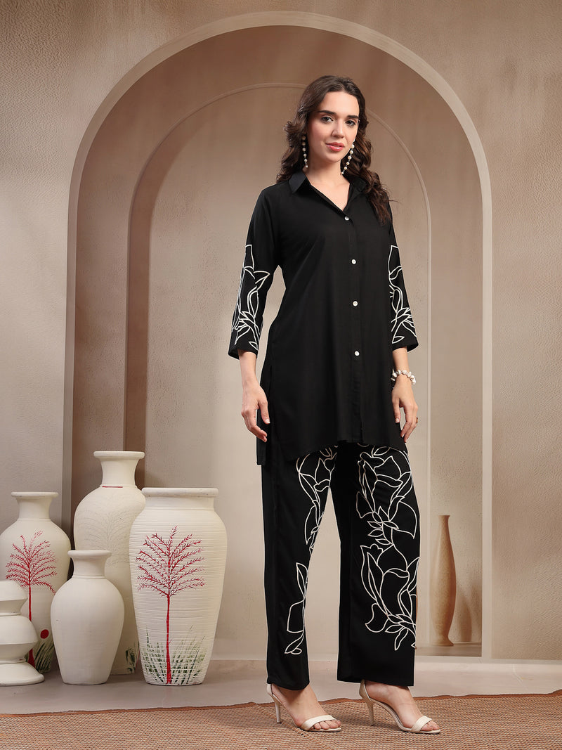 Stylum Women's Black Solid & Embroidered Rayon Co-Ord Set (CSBLACKFOLL)