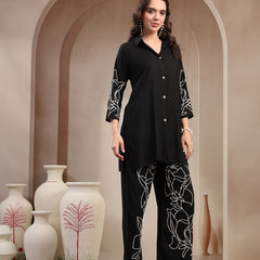 Stylum Women's Black Solid & Embroidered Rayon Co-Ord Set (CSBLACKFOLL)