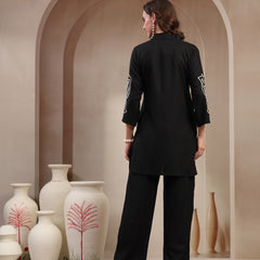 Stylum Women's Black Solid & Embroidered Rayon Co-Ord Set (CSBLACKFOLL)