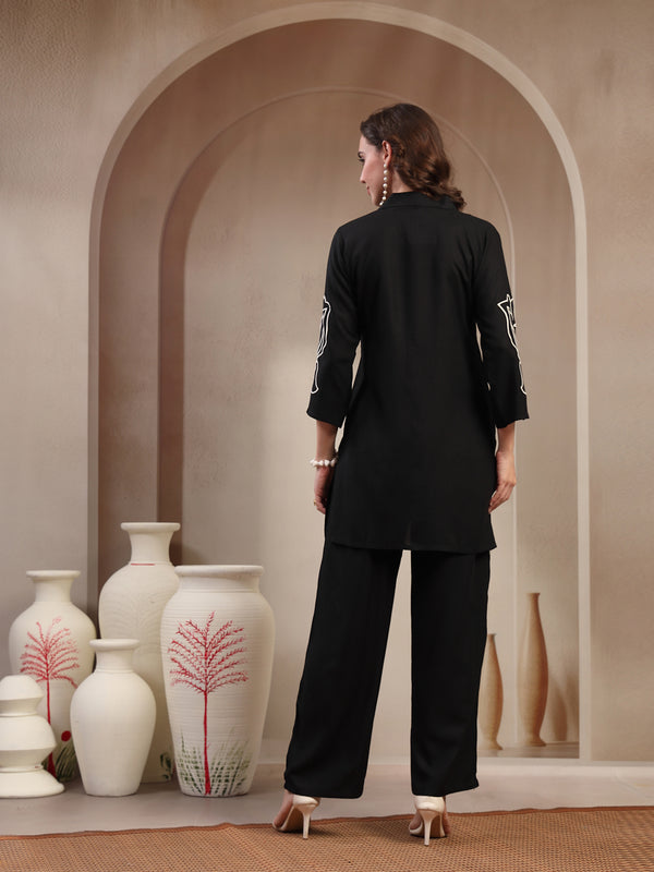 Stylum Women's Black Solid & Embroidered Rayon Co-Ord Set (CSBLACKFOLL)