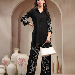 Stylum Women's Black Solid & Embroidered Rayon Co-Ord Set (CSBLACKFOLL)