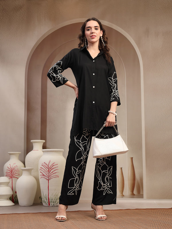 Stylum Women's Black Solid & Embroidered Rayon Co-Ord Set (CSBLACKFOLL)
