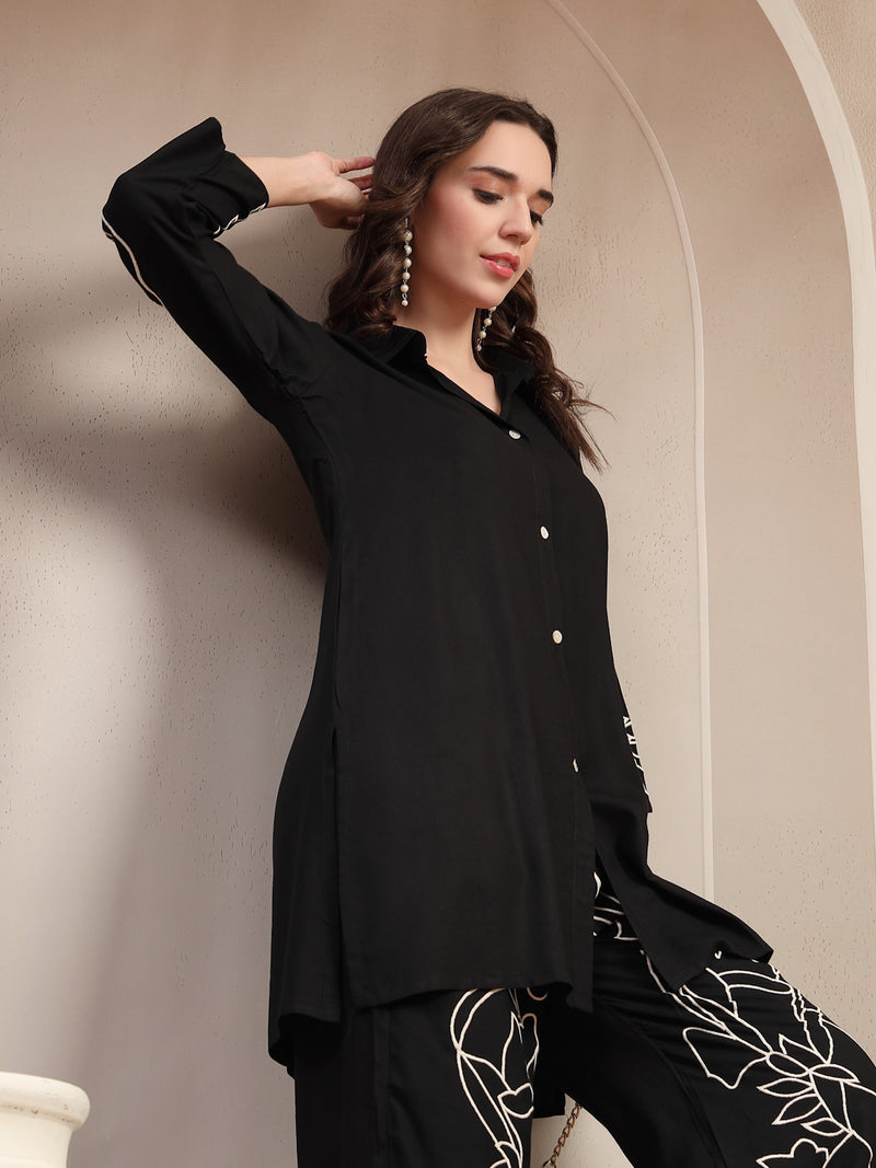 Stylum Women's Black Solid & Embroidered Rayon Co-Ord Set (CSBLACKFOLL)