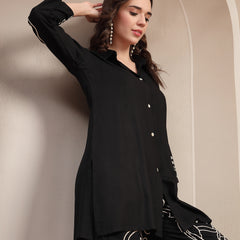 Stylum Women's Black Solid & Embroidered Rayon Co-Ord Set (CSBLACKFOLL)