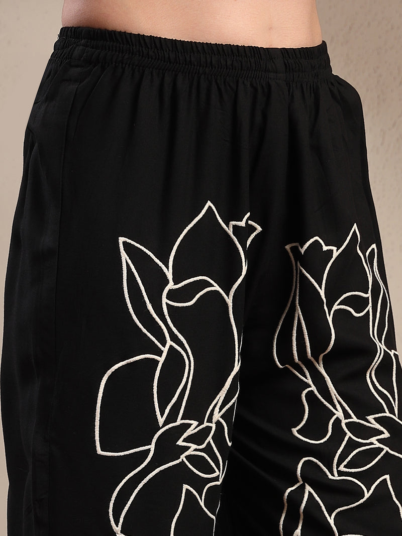 Stylum Women's Black Solid & Embroidered Rayon Co-Ord Set (CSBLACKFOLL)