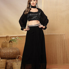Stylum Women's Black Solid & Embroidered Georgette Co-Ords Set (CSBLACKLOFT)