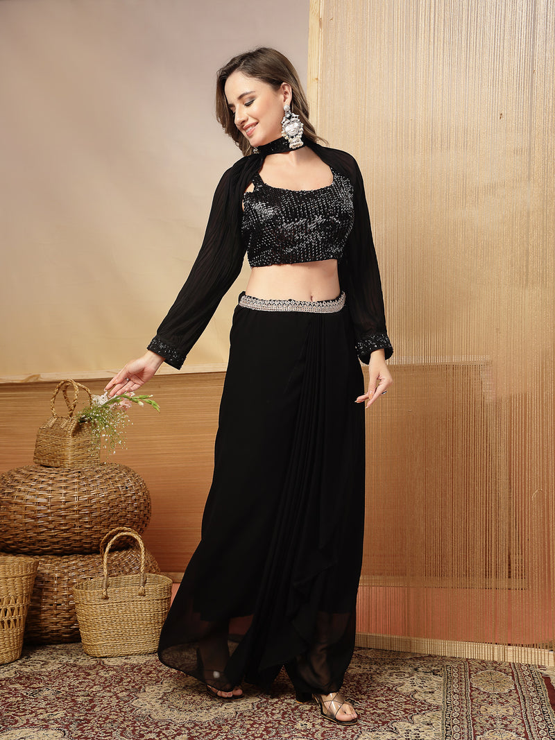 Stylum Women's Black Solid & Embroidered Georgette Co-Ords Set (CSBLACKLOFT)